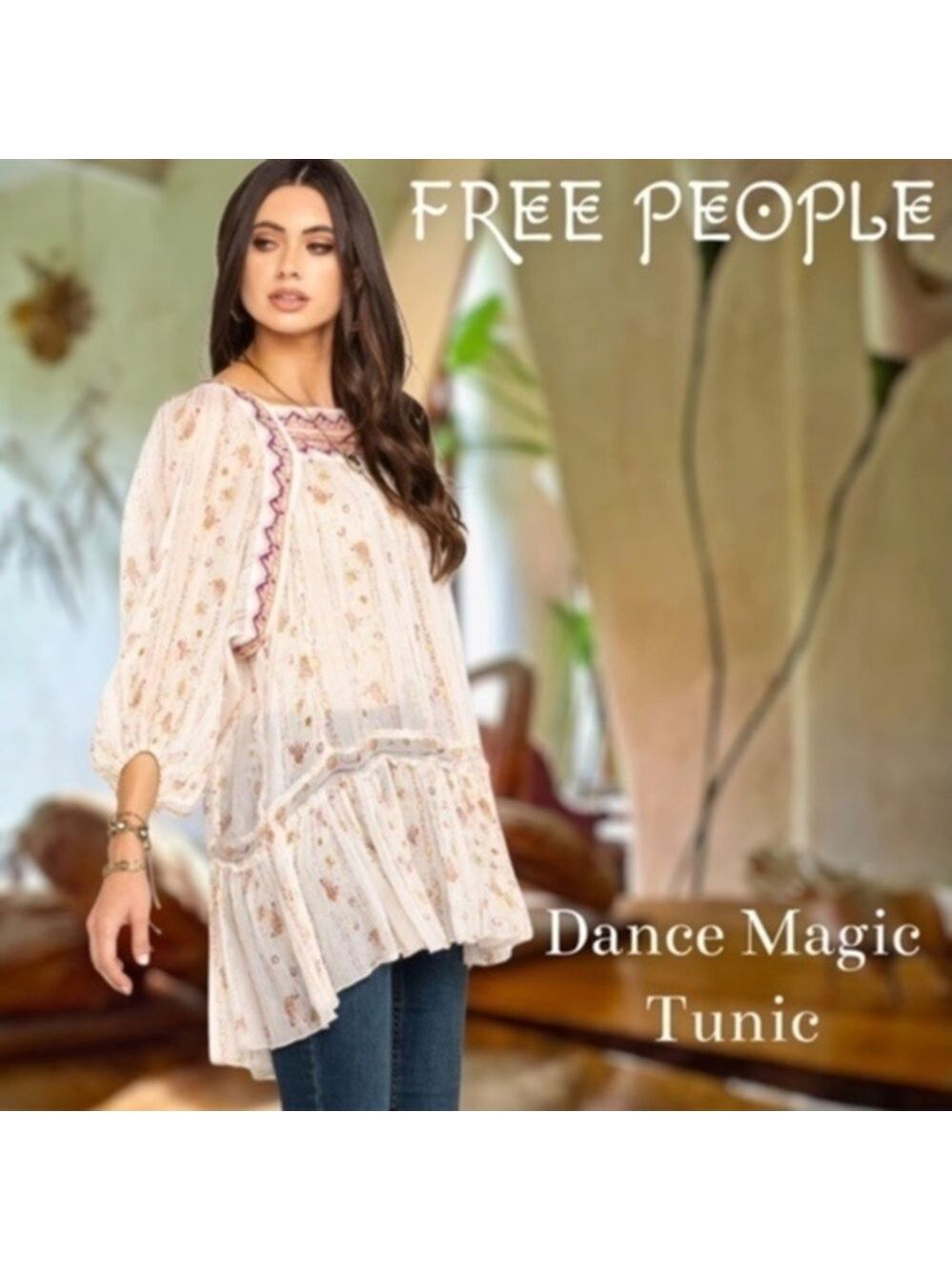 FREE PEOPLE NWT Dance Magic Sheer Embroidered Yoke Tunic-Ivory Combo/Md